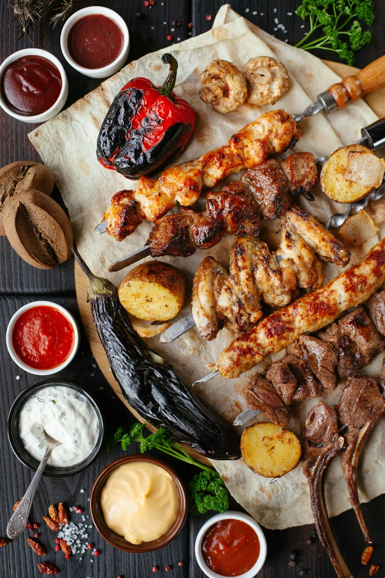 Plateau de grillades et de sauces à partager